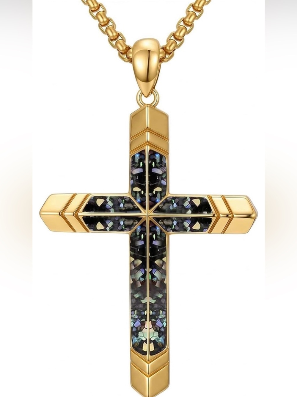 Gold Cross Pendant Necklace with Abalone Shell Inlay